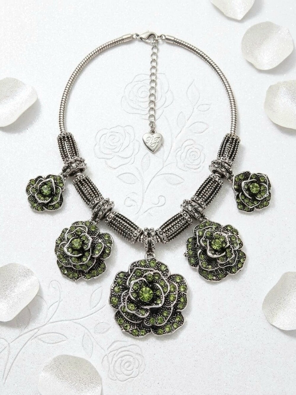 Silver plated dark green crystal Flower charm necklace with an adjustable chain